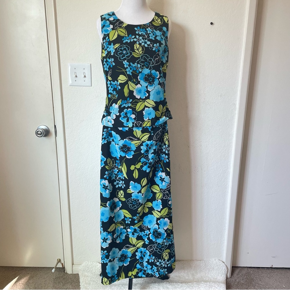Annex Petite Blue Floral 2pc Skirt Matching Set Sleeveless Midi Small 2000s - Picture 2 of 13